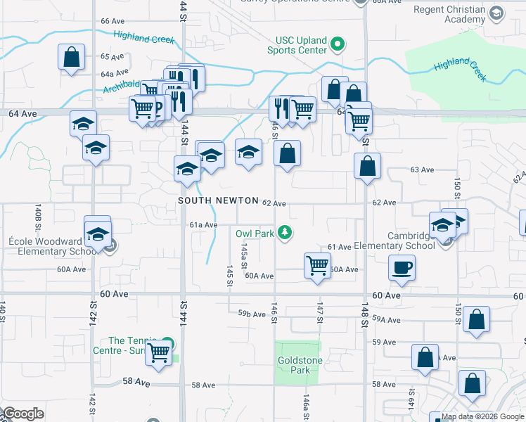 map of restaurants, bars, coffee shops, grocery stores, and more near 6172 145B Street in Surrey