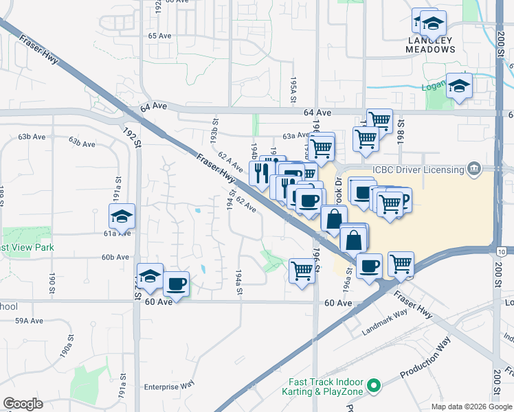 map of restaurants, bars, coffee shops, grocery stores, and more near in Surrey