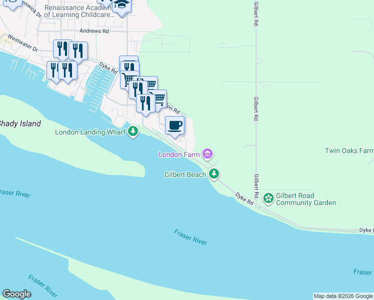 map of restaurants, bars, coffee shops, grocery stores, and more near 6420 Dyke Road in Richmond