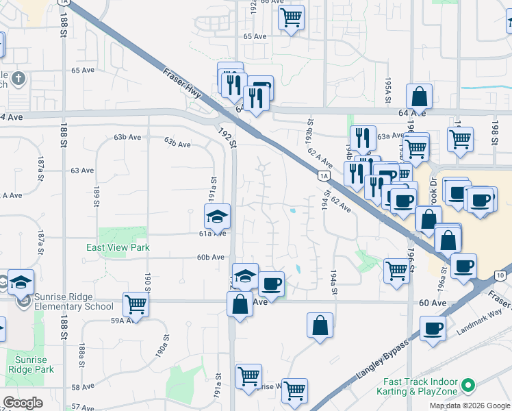map of restaurants, bars, coffee shops, grocery stores, and more near 19230 Fairway Drive in Surrey
