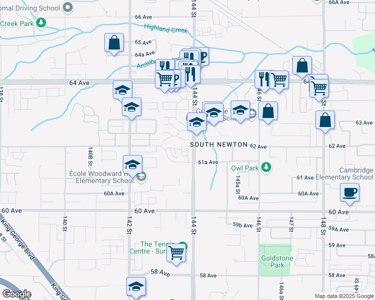 map of restaurants, bars, coffee shops, grocery stores, and more near 14391 61A Avenue in Surrey
