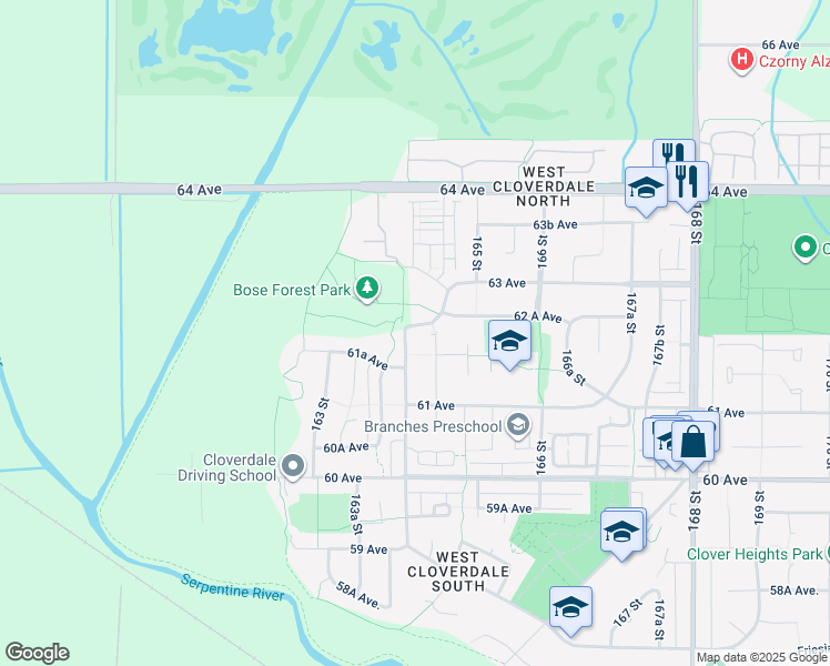 map of restaurants, bars, coffee shops, grocery stores, and more near 6198 164 Street in Surrey