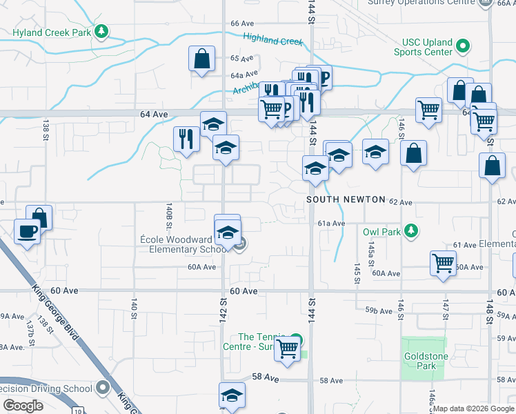 map of restaurants, bars, coffee shops, grocery stores, and more near 14282 62 Avenue in Surrey