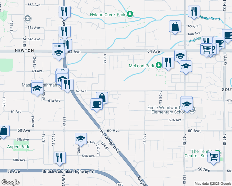 map of restaurants, bars, coffee shops, grocery stores, and more near 13886 62 Avenue in Surrey
