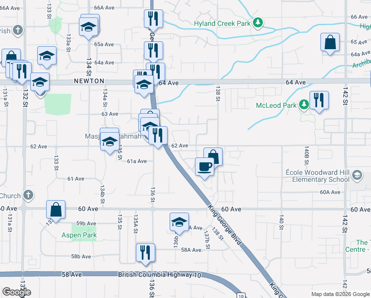 map of restaurants, bars, coffee shops, grocery stores, and more near 13670 62 Avenue in Surrey