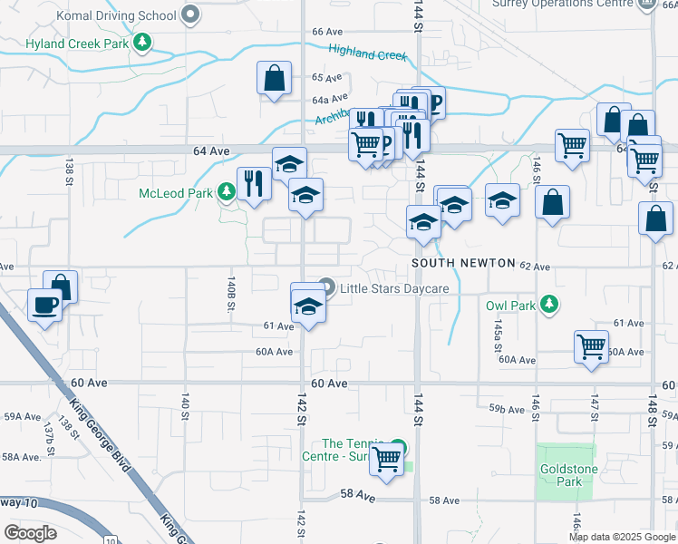 map of restaurants, bars, coffee shops, grocery stores, and more near 14268 62 Avenue in Surrey