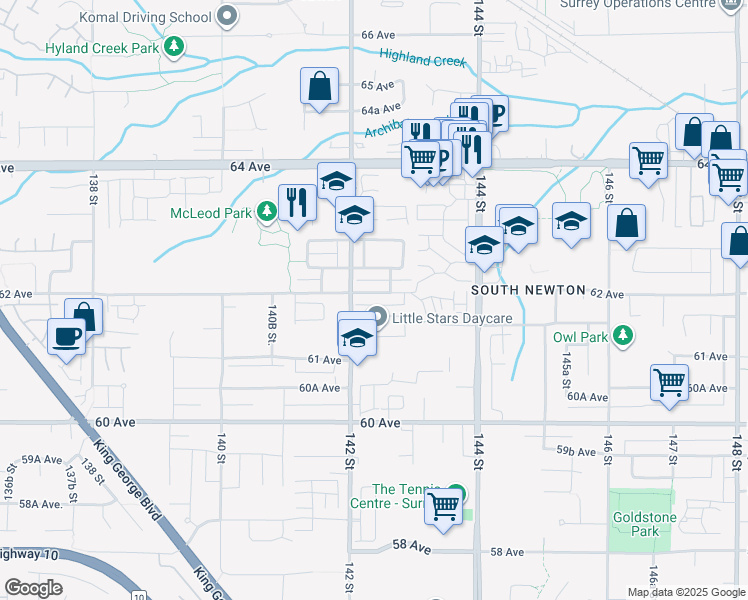 map of restaurants, bars, coffee shops, grocery stores, and more near 14240 62 Avenue in Surrey