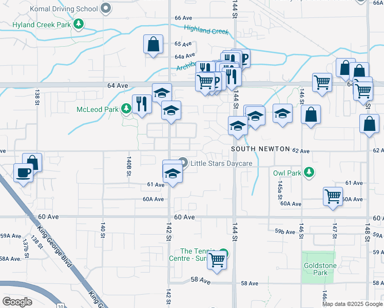 map of restaurants, bars, coffee shops, grocery stores, and more near 14278 62 Avenue in Surrey
