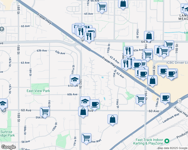 map of restaurants, bars, coffee shops, grocery stores, and more near Fairway Drive in Surrey