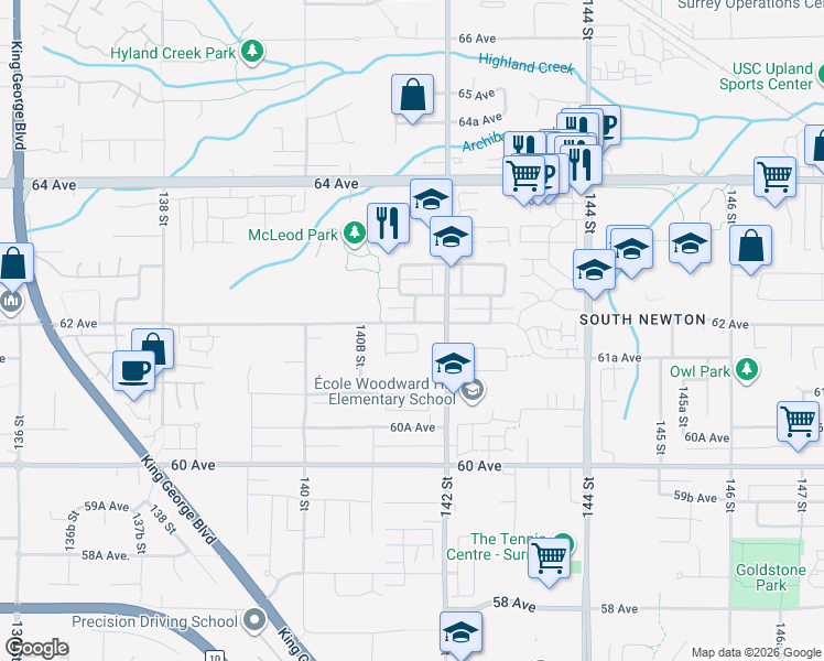 map of restaurants, bars, coffee shops, grocery stores, and more near 6188 141 Street in Surrey