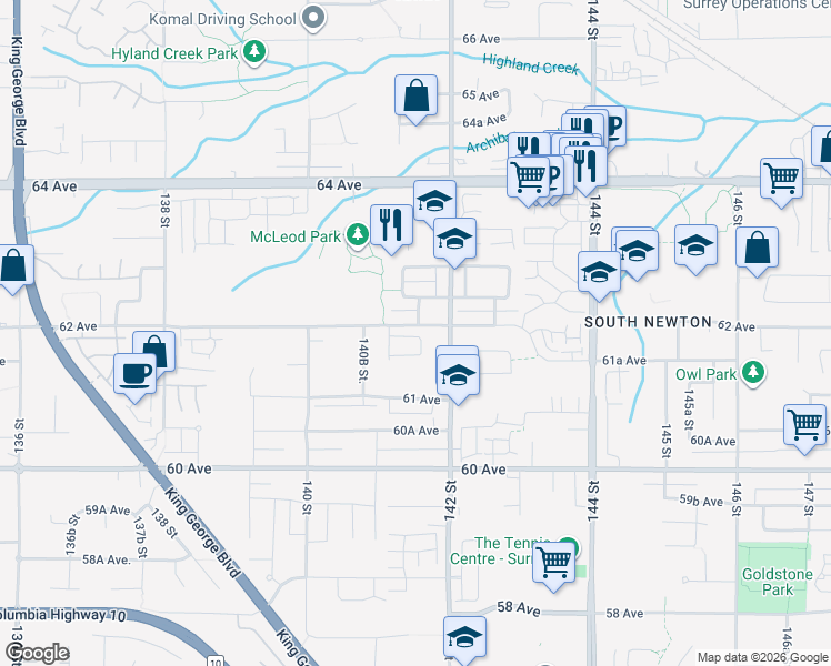map of restaurants, bars, coffee shops, grocery stores, and more near 6188 141 Street in Surrey