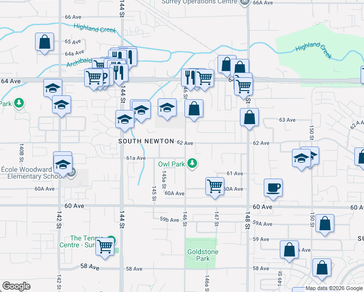 map of restaurants, bars, coffee shops, grocery stores, and more near 6191 146 Street in Surrey