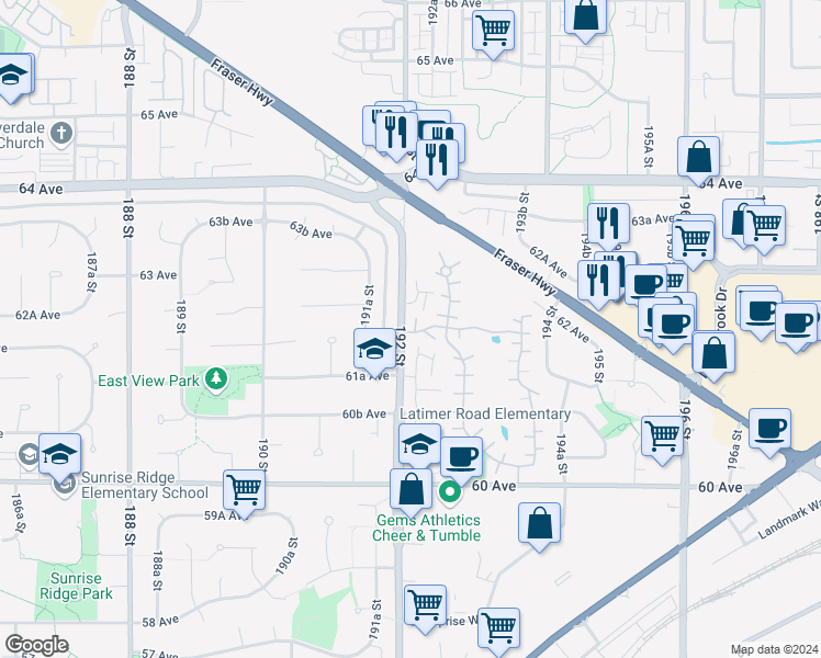 map of restaurants, bars, coffee shops, grocery stores, and more near in Surrey