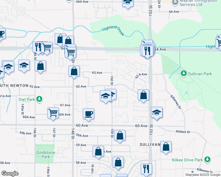 map of restaurants, bars, coffee shops, grocery stores, and more near 6218 150 Street in Surrey