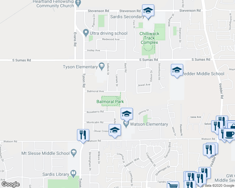 map of restaurants, bars, coffee shops, grocery stores, and more near 45266 Balmoral Avenue in Chilliwack
