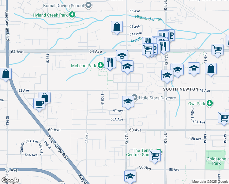 map of restaurants, bars, coffee shops, grocery stores, and more near 6188 141 Street in Surrey