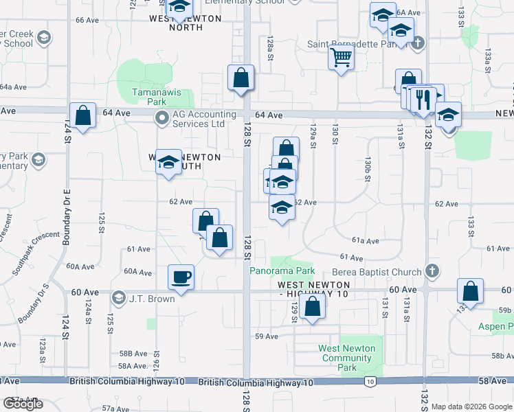 map of restaurants, bars, coffee shops, grocery stores, and more near 12830 62 Avenue in Surrey