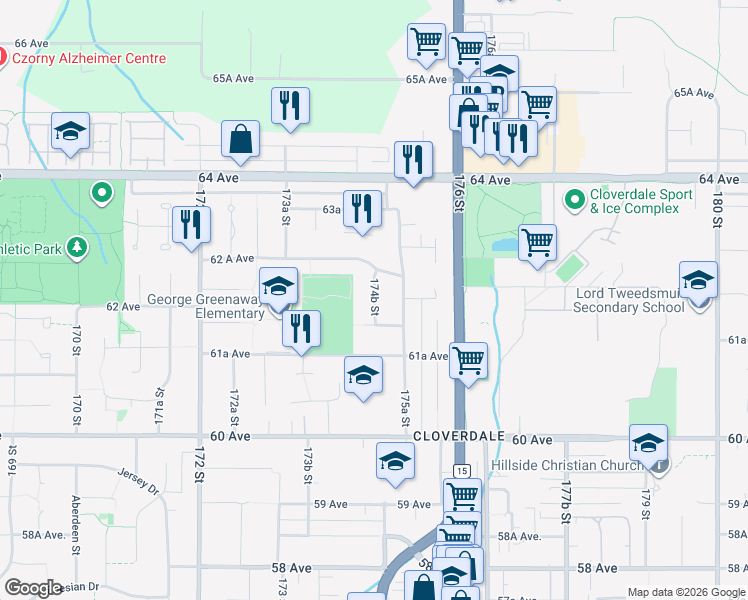 map of restaurants, bars, coffee shops, grocery stores, and more near 6229 174B Street in Surrey