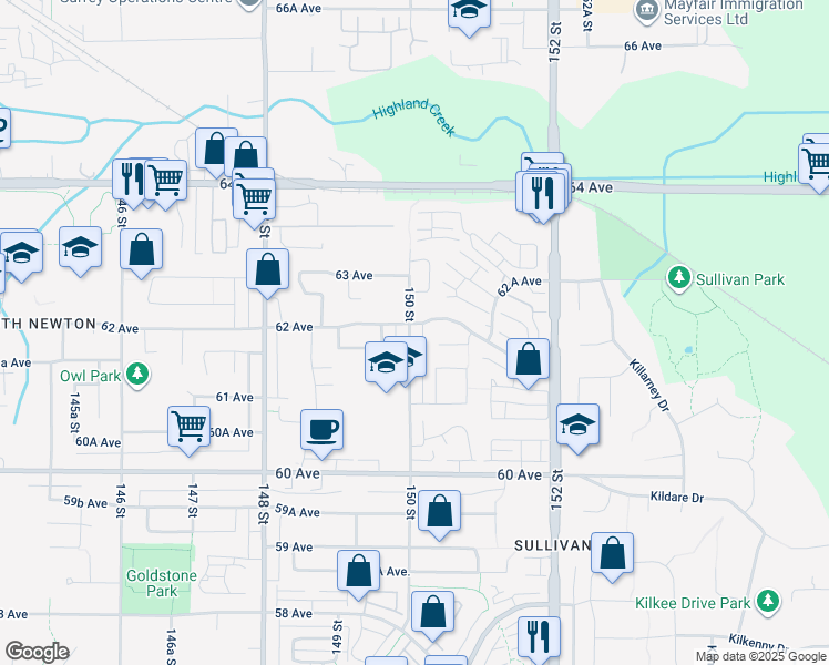map of restaurants, bars, coffee shops, grocery stores, and more near 6192 150 Street in Surrey