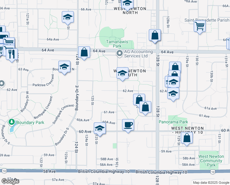 map of restaurants, bars, coffee shops, grocery stores, and more near 12598 62 Avenue in Surrey