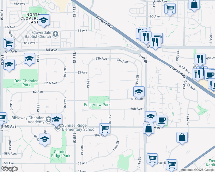 map of restaurants, bars, coffee shops, grocery stores, and more near 6203 190 Street in Surrey