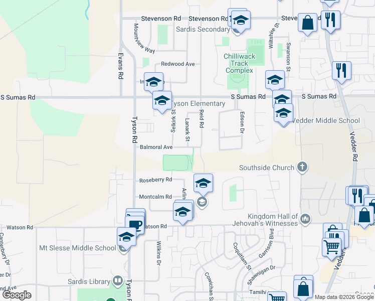 map of restaurants, bars, coffee shops, grocery stores, and more near 45266 Balmoral Avenue in Chilliwack