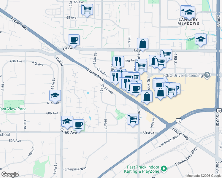 map of restaurants, bars, coffee shops, grocery stores, and more near 19449 62 Avenue in Surrey