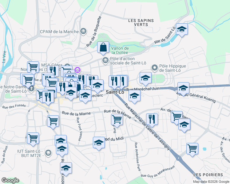 map of restaurants, bars, coffee shops, grocery stores, and more near in Saint-Lô