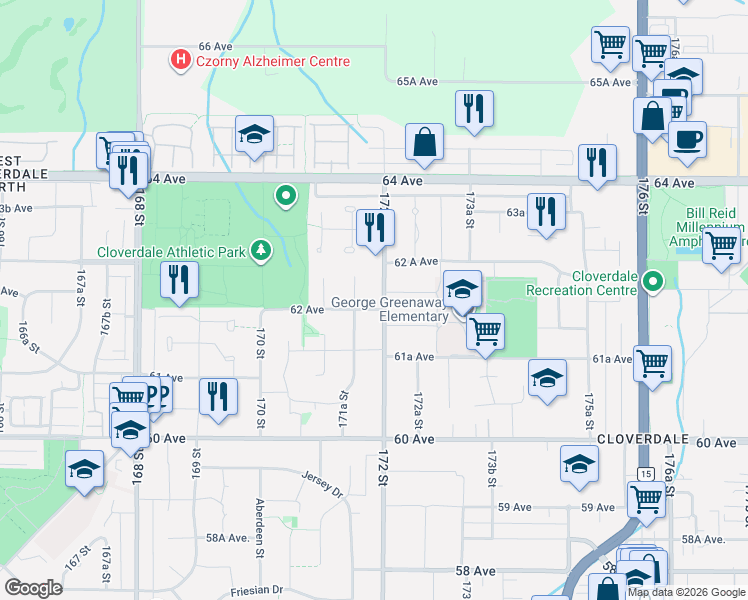 map of restaurants, bars, coffee shops, grocery stores, and more near in Surrey