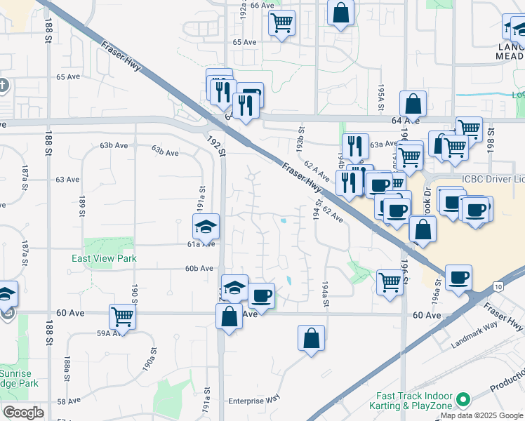 map of restaurants, bars, coffee shops, grocery stores, and more near 6216 Greenside Drive West in Surrey