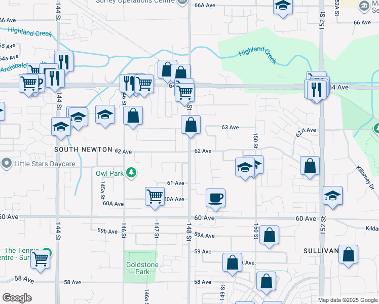 map of restaurants, bars, coffee shops, grocery stores, and more near 148 St & 62 Ave in Surrey