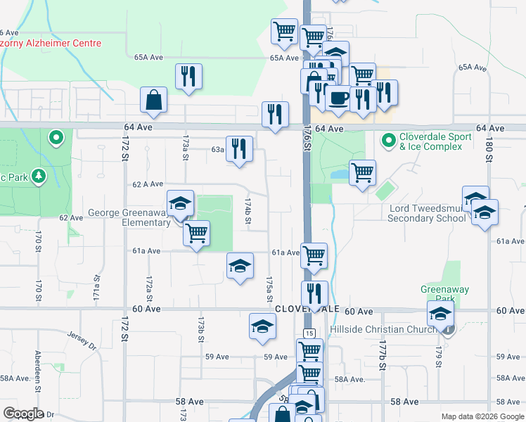 map of restaurants, bars, coffee shops, grocery stores, and more near 6221 175A Street in Surrey