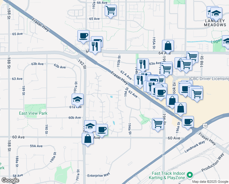 map of restaurants, bars, coffee shops, grocery stores, and more near 6217 Greenside Drive East in Surrey