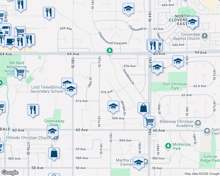 map of restaurants, bars, coffee shops, grocery stores, and more near 6221 Morgan Place in Surrey