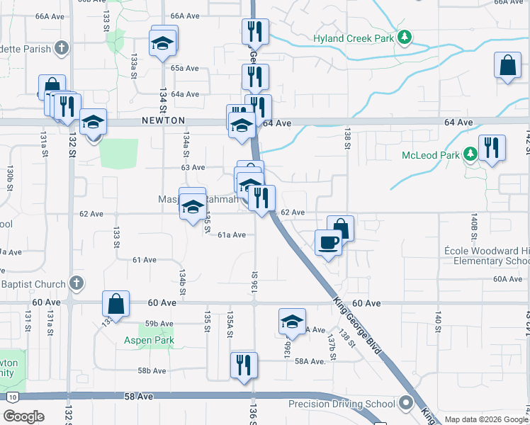 map of restaurants, bars, coffee shops, grocery stores, and more near 62 Avenue in Surrey