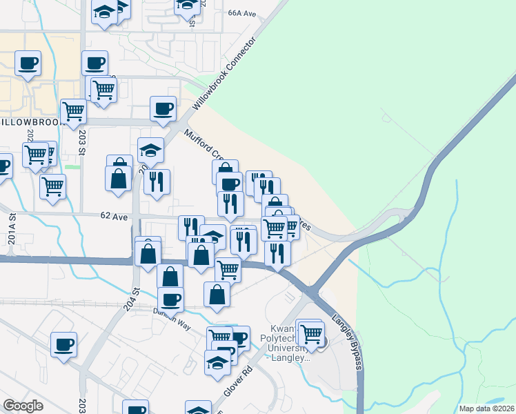 map of restaurants, bars, coffee shops, grocery stores, and more near 20740 Mufford Crescent in Langley