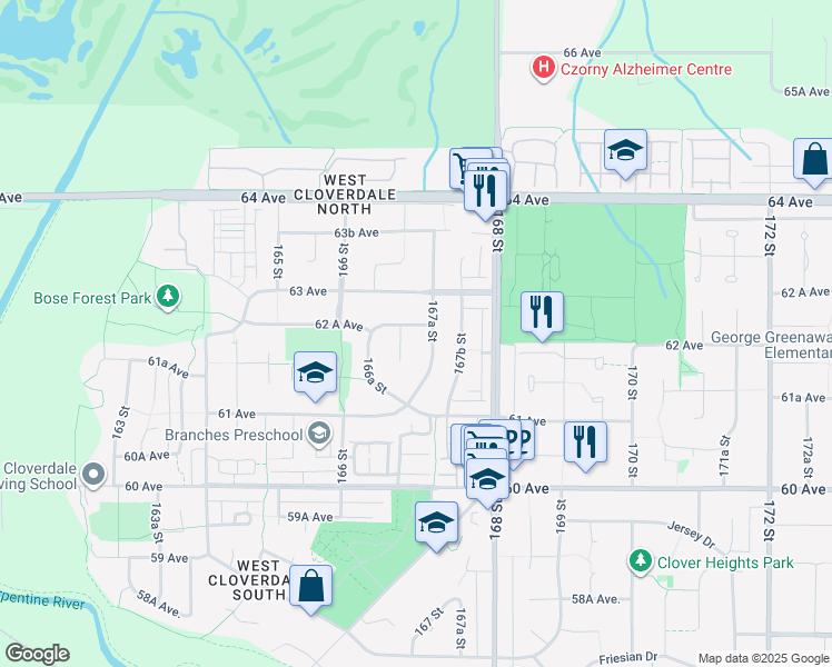 map of restaurants, bars, coffee shops, grocery stores, and more near 16728 62 A Avenue in Surrey