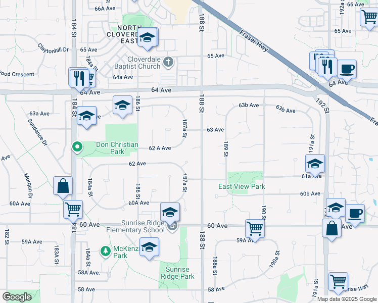 map of restaurants, bars, coffee shops, grocery stores, and more near 18764 62A Avenue in Surrey