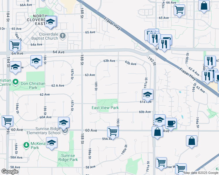 map of restaurants, bars, coffee shops, grocery stores, and more near 18936 62A Avenue in Surrey