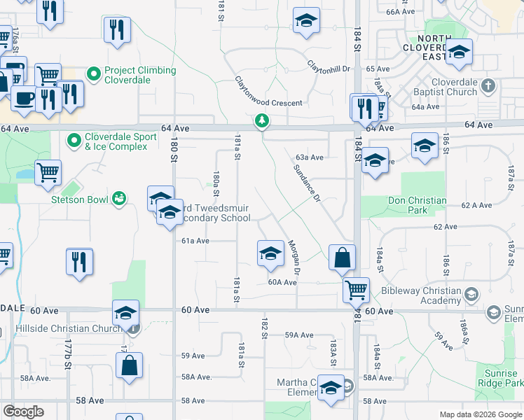 map of restaurants, bars, coffee shops, grocery stores, and more near 6221 Morgan Place in Surrey