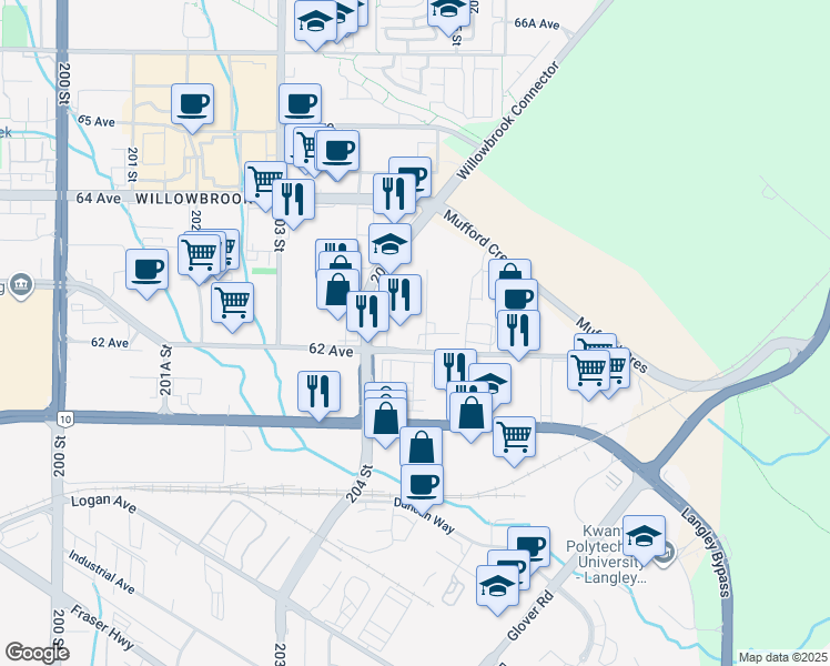 map of restaurants, bars, coffee shops, grocery stores, and more near 6249 205 Street in Langley City