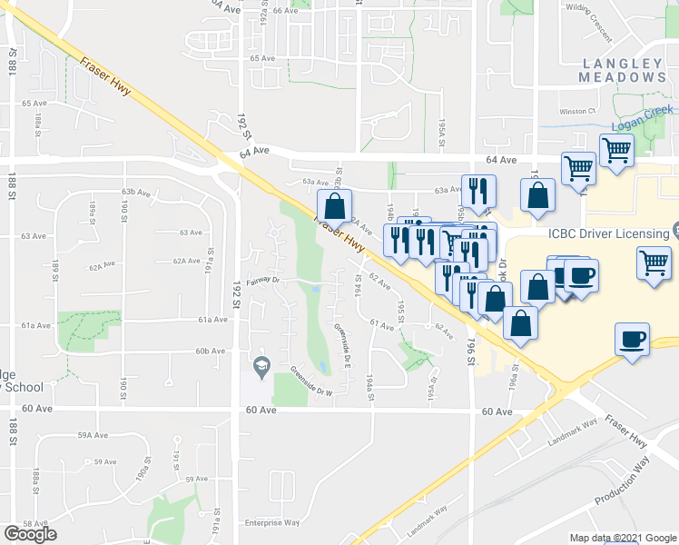 map of restaurants, bars, coffee shops, grocery stores, and more near 6226 Greenside Drive East in Surrey