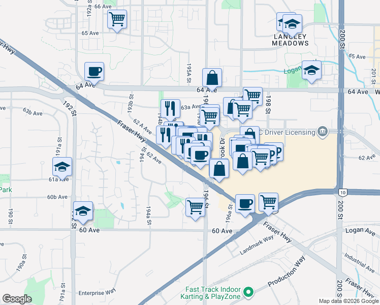 map of restaurants, bars, coffee shops, grocery stores, and more near 19537 Fraser Highway in Surrey