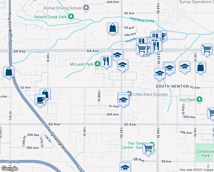 map of restaurants, bars, coffee shops, grocery stores, and more near 14133 62 Avenue in Surrey