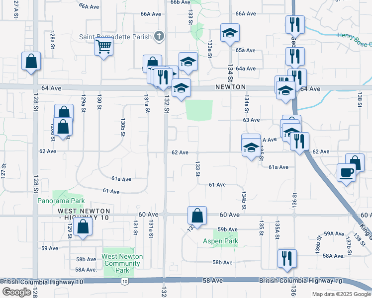 map of restaurants, bars, coffee shops, grocery stores, and more near 13255 62 Avenue in Surrey