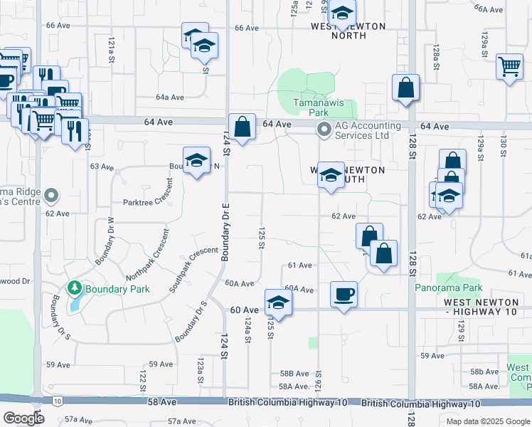 map of restaurants, bars, coffee shops, grocery stores, and more near 6204 125 Street in Surrey