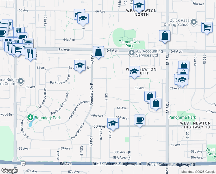 map of restaurants, bars, coffee shops, grocery stores, and more near 6204 125 Street in Surrey
