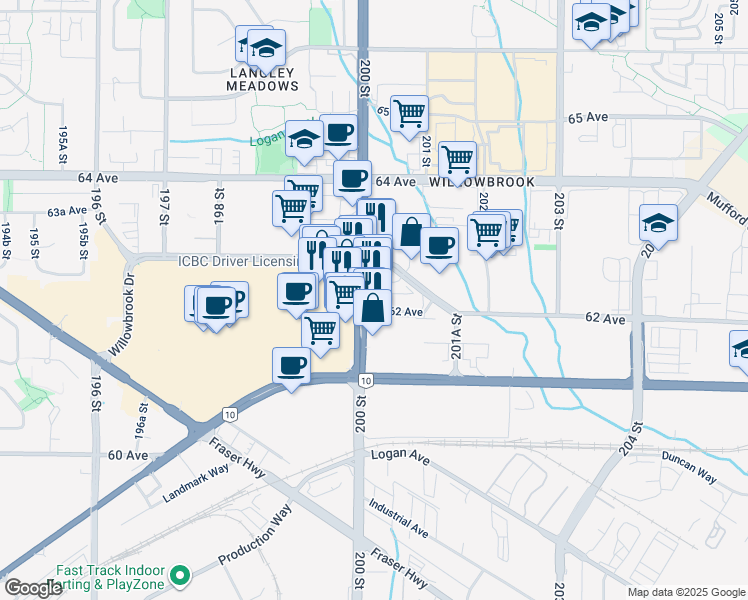 map of restaurants, bars, coffee shops, grocery stores, and more near 6263 200 Street in Langley Township