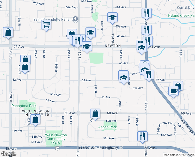 map of restaurants, bars, coffee shops, grocery stores, and more near 6222 133 Street in Surrey