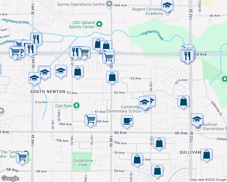 map of restaurants, bars, coffee shops, grocery stores, and more near 6202 148 Street in Surrey